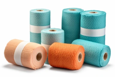 Set of medical compression wrap bandage isolated on white background with clipping path cutout concept for physical therapy or physiotherapy equipment, acute injury rehabilitation and first aid kit high detailed photography, commercial photography, hyperrealistic render, octane render, vfx, sfx, ultra sharp