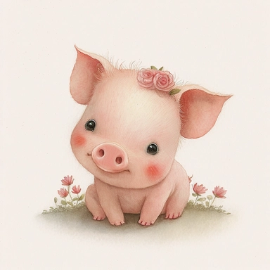 Cute piglet smiling on all fours clipart, pink red hairclip in its hair, 1960, in the style of realistic watercolors, childlike innocence and charm, adorable eyes, rosy cheeks, shy posture, feminine sensibilities, realistic drawing in storybook illustration, pencil drawing by Angela Barrett, Elsa Beskow 300 DPI, valentines day themed, white background