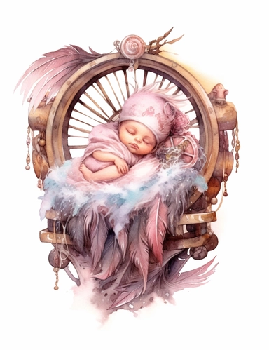 watercolor steampunk new born baby in a basket crib, pink steampunk, fantasy feathers in the background, watercolor, sublimation clipart, white background, fantasy style, soft colors