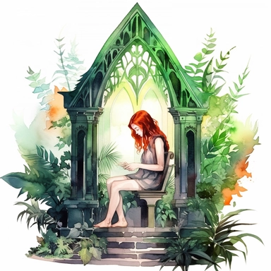 watercolor green and orange shadows clipart witch of nature sitting in the altar with plants