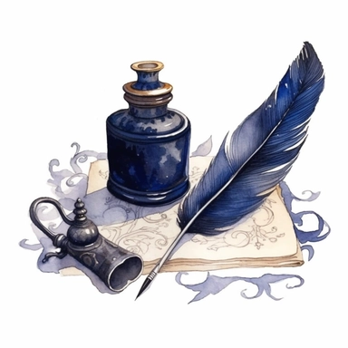watercolor, hyper realistic, white background, white margins, 16k, ultra detailed clipart, cut out image, hand-drawn, whimsical manhwa style, ultra HD, sharp and clean art A quill pen and inkwell sitting on a velvet cushion, with a romantic old-fashioned love letter partially written, on a background of deep midnight blue.