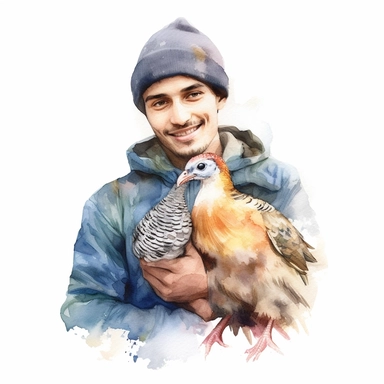 Adorable pet Turkey having happy moment with it's human owner, water color style, clipart, white background