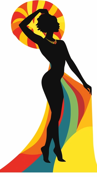 silhouette of a black african dancer from the belly dancing clipart, in the style of colorful cartoon, chalk, booru, princesscore, 1920s, picassoesque