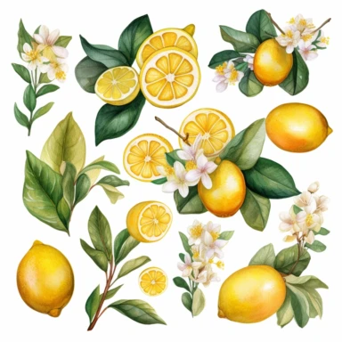 watercolor tropical set of ripe lemons, leaves, and flowers. Hand-painted branches of fresh yellow fruits are isolated on white background. Tasty food illustration for design, print, fabric, or background. realistic cartoon in 32K UHD cute. 15 cm thick outline. Black color. There was no shadow on the ground. 8k with realistic watercolors and detailed illustrations. PNG clipart, transparent white background