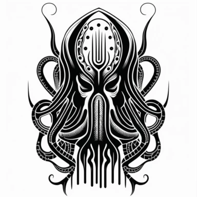 HR Giger Cthulhu, arcane symbols : black and white line art, white background, flat, single image clipart style