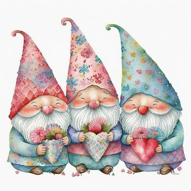 Watercolor happy gnomes valentine threme, Clipart, Colorful, Retro, highly detailed on white background
