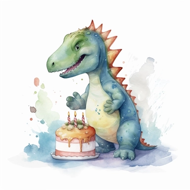 High resolution, cute dinosaur holding birthday cake, watercolor clipart, completely white background