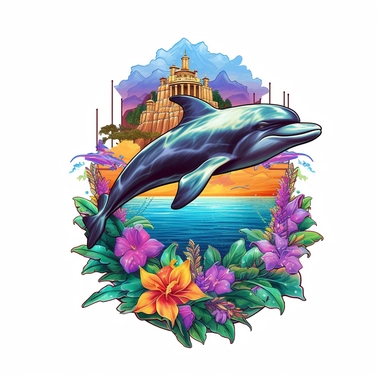 dolphin, close up, a sticker, artwork of t shirt graphic of majestic forest, in digital painting style , beautiful flowers, sunset mountains and clouds , big vines, stone temple covered in vines, white background, colorful fantasy flower sorround , highly detailed clean, vector image, photorealistic masterpiece, professional photography, realistic, flat white background, isometric, vibrant vector, clipart, illustration, realism, 4k, , cinematic, front view, white background, paradise, extremely 