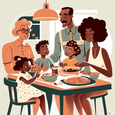 midcentury sketch clipart of family eating dinner at the table, everyone happy and smiling, the father is black, the mother is white, and the children are mixed race with curly hair