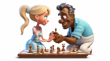 cartoon, clipart style illustration of very old skinny black man teaching a very young cute blonde girl how to play chess. 3D style illustration. Disney style. No backgorund. Solid white background. Comical disney animation style.