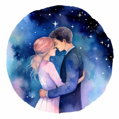closeup photo of wedding couple in watercolor, Caucasian couple sharing a romantic moment under a starry night sky, watercolor, Pixar style, Clipart on a white background