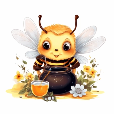 cute bee with honey pot eating honey and flowers realistic white background cartoon style Sublimation Clipart Graphic