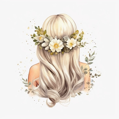 watercolour beautiful blonde wig no person or body just hair wig realistic elegant wedding hairstyle with white glitter wedding flowers in hair back facing ,build a family style clip art illustrated clip art graphics , PNG image,transparent background ,ultra highly detailed, 18k, sharp focus, bright photo with vibrant colours, digitally enhanced,photographic, enhanced graphics, png format, straight, sharp focus, bright lighting, intricate detailed png image ,high definition,300dpi,graphic clipar