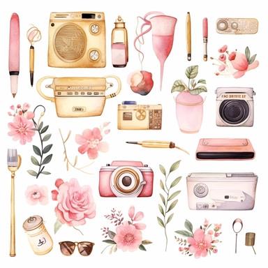 handpaint, gadget clipart,devices icon set, isolated white background, single design, sharp, bold , sweet pink, cream pastel, gold, hand-painted watercolor