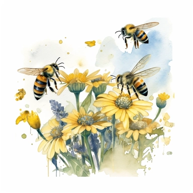 watercolor, A dynamic scene of bees in a garden, with their hind legs covered in pollen grains as they hover near different flowers, illustrating the active role bees play in transferring pollen for plant reproduction. (Digital drawing clipart, image black border color, full body, transparent background)