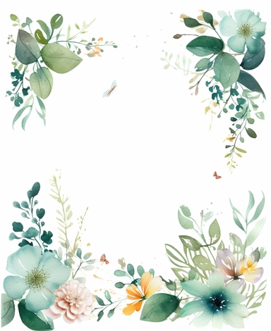 rectangle floral frame, thin border, green flowers and leaves, minimal with white space in middle, clipart, watercolor flowers, hand drawn, white background, clipart,