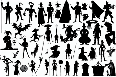silhouettes of soldiers, priests, devils, fauns, angels, jugglers, cops, clowns, madmen. Bizarre, whimsical, random, victorian, theatrical, funny. Black and white clipart collection, white background