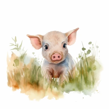 a lovable piglet with a pink snout, floppy ears, and a cheerful, inquisitive gaze, in the grass,4k,clipart,watercolor,no background