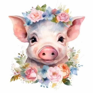 Nursery Print baby head pig flowers drawn in watercolor style, vector design, , Sublimation Clipart ,Cartoon,hyper realistic, intricate detail, illustration style,high solution,on the white background