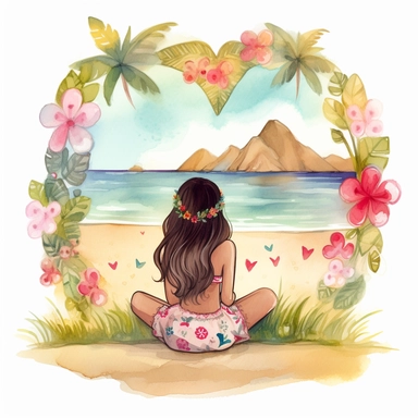 watercolour, tropical island setting, showcase an adorable little Hawaiian girl, she has flowers in her hair, she is sitting near the beach, surrounded by beautiful flowers and hearts, the feeling is magical, clipart style