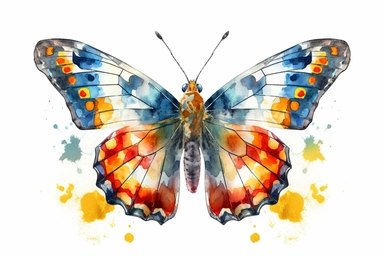 Watercolor, Design a geometric illustration of a Common Checkered-Skipper butterfly with bold lines and vibrant colors, clipart, hd, on a white background, spaced out