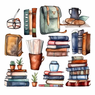 World book day hand drawn watercolor clipart set. Library books collection