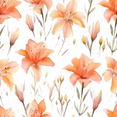 watercolor orange small lilies seamless pattern art illustrations, in the style of beatrix potter, minimalist purity, timeless grace, feminine sensibilities, dreamy watercolor florals, layered textures and patterns, pink and purple, clipart