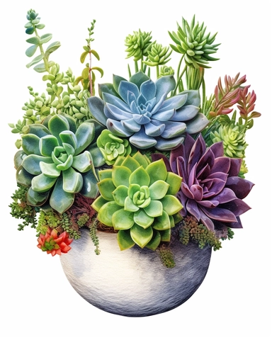 Succulents in indoor pot Watercolor Cliparts Illustrations isolated on white background “Photorealism” taken with macro lens 100 mm on a full-frame camera