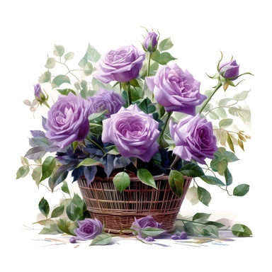 a simple gorgeous basket arrangement with purple rose flowers and greenery on white background clipart, png, watercolor painting realistic, high quality, vibrant, Vicente Romero Redondo, Willem van Aelst, Elsa Beskow