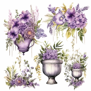 a set of unique EFFERVESCENT watercolor style clip art images in purple and green flowers growing a flower box, other purple flowers growing around it, lavender flowers surrounded flower box, dreamy intricate designs, the setting must be a floral dream, a secret garden theme, including garden decorations with elements such as fantasy, fantasy-inspired floral patterns, The overall mood of the images should be a fantasy floral wonderland, with a focus on the beauty and fantasy of gardening, and th