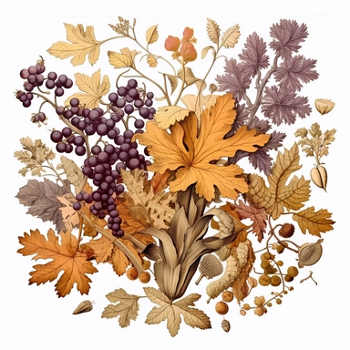 *A retro illustration for botanical poster of fall wildflowers, and oak leaves clipart surrounded with flowers and art nouveau details, beautiful mustard and aubergine color palette, naturalist ink drawing, softly colored, epic composition on white background, 8k