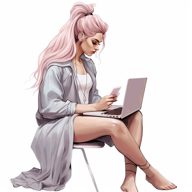 fashion illustration cute woman with hair in a bun working on a laptop with pastel long hair full body clipart