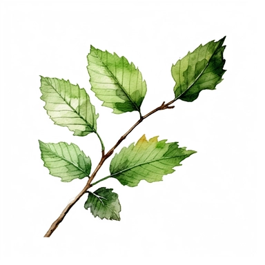 a little branch of hazel tree leaves, watercolor clipart, green leaves, cut out, simple line art drawing, thin black outlines
