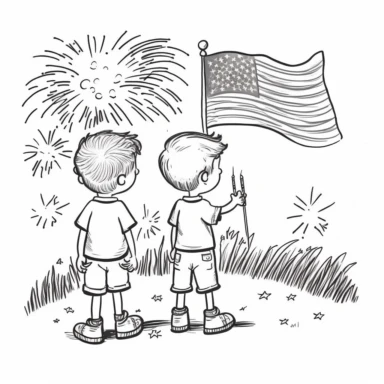 basic 4th of July imagery, for children coloring book, memorial day, clipart, black and white, vector drawing, silhouette