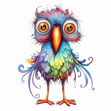Funny colorful cartoon bird like a pompon clipart with big beautiful eyes and long beautiful legs, distinct fine details, watercolor technique, black contour lines