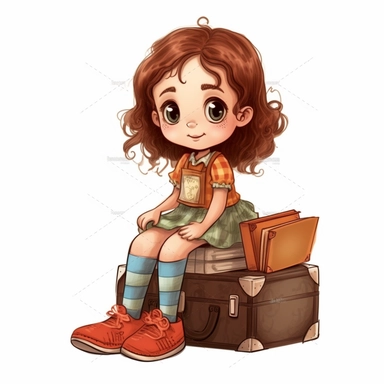 Cute little girl character sitting on a suitcase, no background, kids style, 2D, vector, good quality, Pixar children's book illustration, vector, cartoon character, hand drawing, clipart