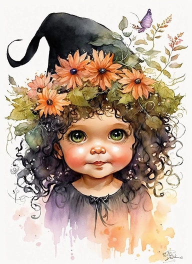 Cute little happy baby girl halloween witch with a flower hat on the head and with curly long hair and big eyes, watercolor by Thomas w. schaller, clipart, solid background, hd