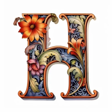 Art Nouveau, colorful, letter H, clipart, white background