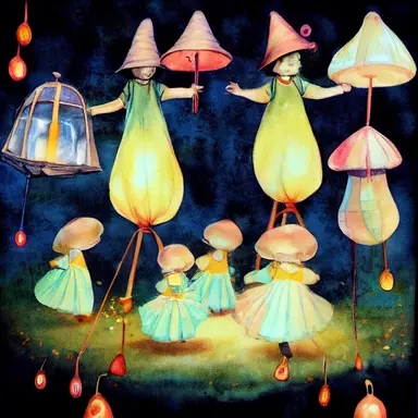 children in autumn clothes on a lantern parade, toadstools, waldorf, martinmas, chalk, watercolor, clipart, white background, cartoon