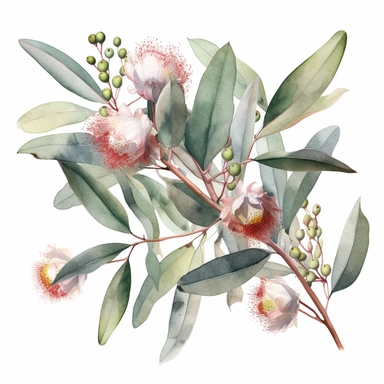 a high-quality watercolor clipart representation of eucalyptus greenery with branche, very big soft pink gum blossoms, perfect for nature-themed design
