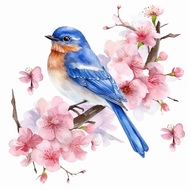 watercolor clipart, bluebird on a branch surrounded by cherry blossoms, isolated white background, 8k