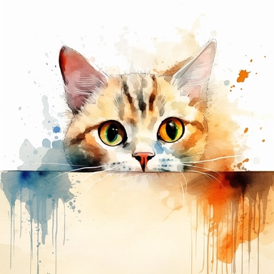 Clipart Colorful watercolor well-defined lines, a mischievous curious cat pokes its head out, curious surprise gesture, curious surprised look, curious surprised eyes, curious surprised mouth, pokes its head over a wall, very light pastel color background -