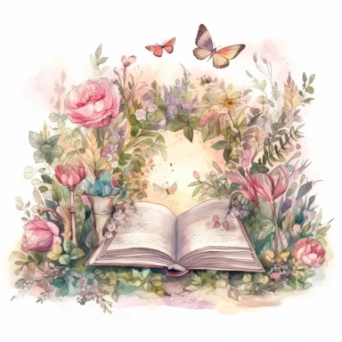 fantasy scene coming out of an open book, secret garden , florals, magical, watercolors, Clipart, pastel pink color theme