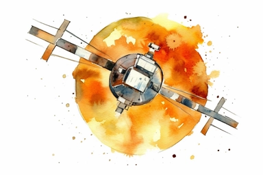 Watercolor, Create a visual representation of a satellite in a polar sun-synchronous orbit, passing over Earth's poles with consistent solar illumination clipart, hd, on a white background, spaced out