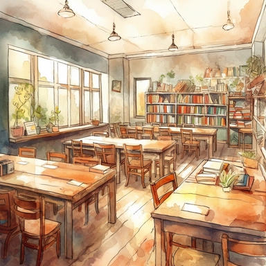 Create a beautiful watercolor clipart image of a classroom. The focus should be on the teacher and students, who are all engaged in a lively discussion about a literary work. The details should be crisp and clear, with gentle and pastel colors to give the image a serene and peaceful feel. The background should be white. The clipart should convey the warmth and camaraderie that exists in a classroom environment