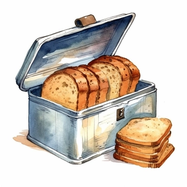vintage bread box, watercolour and ink illustration, high quality, sharp image, clip art, white background