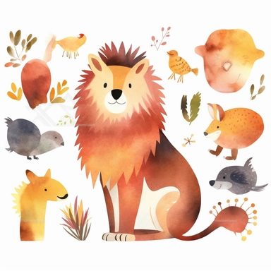 simplified single lion clipart, simple shapes, no lines, no outlines, clipart most popular on etsy, featured on dribble, cartoon animals clipart, minimalist, computer vector graphic design clip art, watercolor illustration clipart, watercolour clipart, watercolor illustration for kids and children, book illustration, print on demand image, PNG transparent background