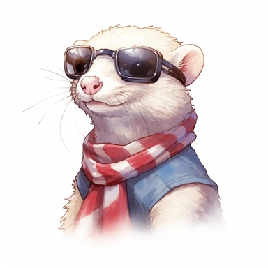 ferret, wears American flag scarf and black aviator sunglasses, watercolor style, anime - inspired character designs, realistic animal illustrations, 2d game art, quadratura, clipart, on white background