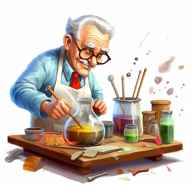 a clipart of a scientist mixing chemicals, in the style of magic realism, grandparentcore, kitsch, pont-aven school, #vfxfriday, wood sculptor, letras y figuras