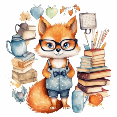 Back to School watercolor clipart, kawaii cute student animals, Fox teacher, animals graphics, School stationery png, School Supplies Clip art , natural color , white background